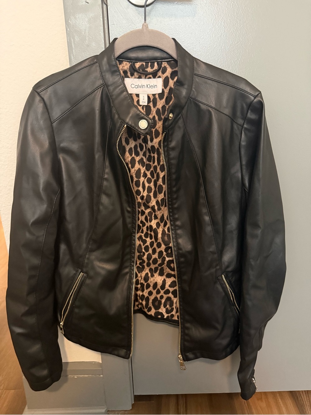 Calvin Klein Black Leather Jacket with Leopard-Print Lining